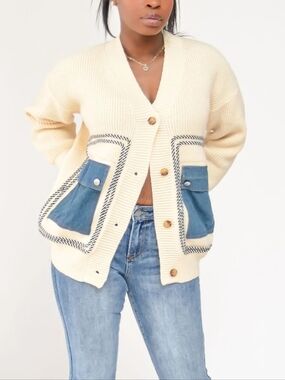 Chunky Knit Cardigan w/ Denim Patchwork Pockets Size Small NWOT